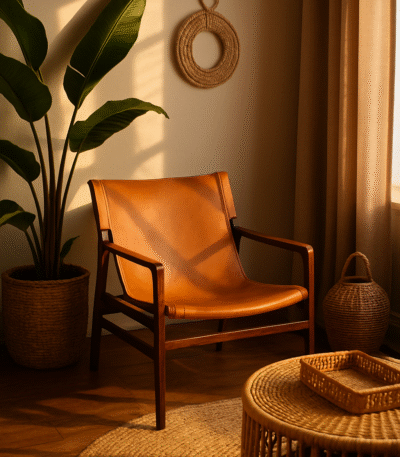 Cadenza Lounge Chair. Antique brown leather chair. Genuine leather sling seat. Solid teak wood frame. Modern rustic furniture. Timeless lounge chair. Natural materials. Mid-century chair. Luxury accent seating. Handcrafted furniture.