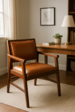 Cadenza Angular Chair. Tan leather armchair. Small and large sizes. Genuine leather upholstery. Solid teak wood frame. Metallic stud trim. Mid-century design. Modern accent chair. Handcrafted furniture. Luxury lounge seating.