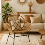 Candence Rattan Chair. Natural rattan chair. Black iron legs. Handwoven rattan seat. Modern accent chair. Bohemian furniture. Coastal style seating. Organic home décor. Lightweight chair. Natural living furniture.