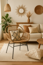 Candence Rattan Chair. Natural rattan chair. Black iron legs. Handwoven rattan seat. Modern accent chair. Bohemian furniture. Coastal style seating. Organic home décor. Lightweight chair. Natural living furniture.