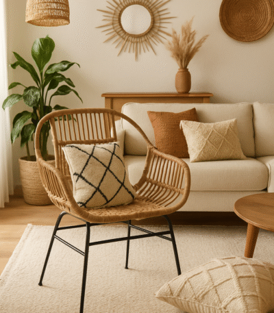 Candence Rattan Chair. Natural rattan chair. Black iron legs. Handwoven rattan seat. Modern accent chair. Bohemian furniture. Coastal style seating. Organic home décor. Lightweight chair. Natural living furniture.