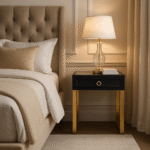 Cardoba Shagreen Bedside Table. Black shagreen leather. Gold U-shaped legs. Knocker-style handle. Modern nightstand. Luxury bedside table. Contemporary furniture. Textured finish. Durable frame. Boutique bedroom décor.