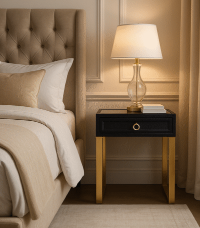 Cardoba Shagreen Bedside Table. Black shagreen leather. Gold U-shaped legs. Knocker-style handle. Modern nightstand. Luxury bedside table. Contemporary furniture. Textured finish. Durable frame. Boutique bedroom décor.
