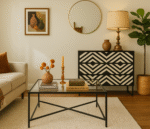 Casia 3 Drawer Chest. Bone inlay chest. Black wood furniture. Rhombus pattern drawers. White inlay detailing. Modern storage unit. Handcrafted luxury furniture. Contemporary sideboard. Global-inspired décor. Elegant bedroom storage.