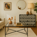 Casia 3 Drawer Chest. Bone inlay chest. Black wood furniture. Rhombus pattern drawers. White inlay detailing. Modern storage unit. Handcrafted luxury furniture. Contemporary sideboard. Global-inspired décor. Elegant bedroom storage.