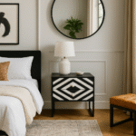 Casia Bedside Table. Bone inlay bedside table. White bone inlay furniture. Black wood base. Floral drawer grips. Modern nightstand. Handcrafted side table. Contemporary bedroom furniture. Global-inspired décor. Luxury accent table.