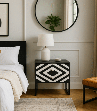 Casia Bedside Table. Bone inlay bedside table. White bone inlay furniture. Black wood base. Floral drawer grips. Modern nightstand. Handcrafted side table. Contemporary bedroom furniture. Global-inspired décor. Luxury accent table.