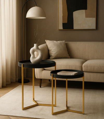 Corina 2 Tier Tray Table. Shagreen tray table. Two-tier drinks trolley. Gold finish frame. Black shagreen shelves. Modern bar cart. Luxury serving table. Contemporary accent furniture. Mobile side table. Boutique home décor.