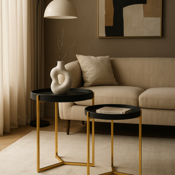 Corina 2 Tier Tray Table. Shagreen tray table. Two-tier drinks trolley. Gold finish frame. Black shagreen shelves. Modern bar cart. Luxury serving table. Contemporary accent furniture. Mobile side table. Boutique home décor.