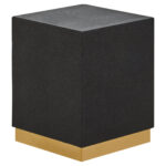 Corina Square Shagreen Stool. Square shagreen stool. Luxury accent stool. Black and gold stool. Textured leather stool. Modern footstool. Art deco stool. Bedroom accent stool. Living room stool. Boutique style furniture. Luxury seating. Contemporary home furniture. Designer stool. Metallic base stool. Compact accent furniture.