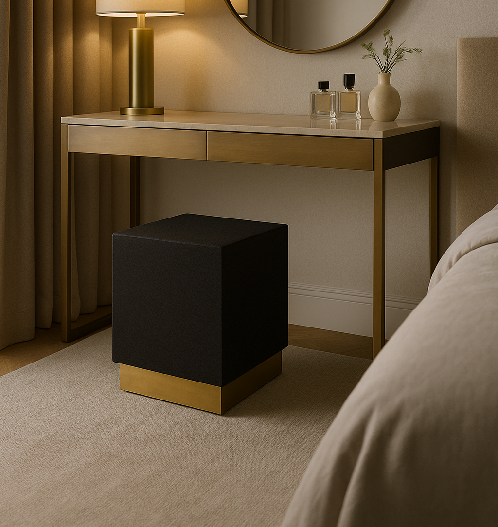 Corina Square Shagreen Stool Corina Square Shagreen Stool. Square shagreen stool. Luxury accent stool. Black and gold stool. Textured leather stool. Modern footstool. Art deco stool. Bedroom accent stool. Living room stool. Boutique style furniture. Luxury seating. Contemporary home furniture. Designer stool. Metallic base stool. Compact accent furniture.