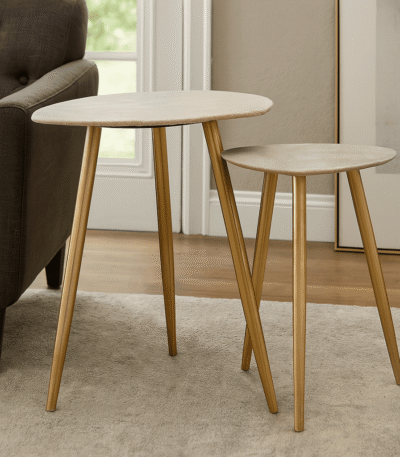Fiora Set of 2 Shagreen Tables. Shagreen leather tables. Gold finish legs. Round top tables. Modern accent tables. Contemporary side tables. Luxury furniture set. Boutique living room décor. Durable shagreen furniture. Textured finish tables.