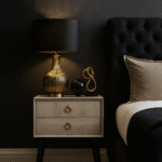 Fiora Shagreen Bedside Table. Shagreen leather bedside table. Two-drawer bedside table. Gold accent furniture. Modern nightstand. Luxury bedside table. Black leg table. Textured finish furniture. Contemporary bedroom décor. Boutique home style.