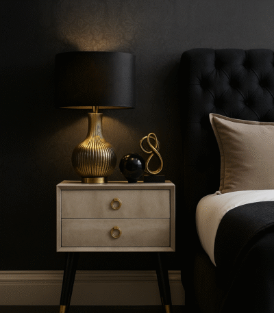 Fiora Shagreen Bedside Table. Shagreen leather bedside table. Two-drawer bedside table. Gold accent furniture. Modern nightstand. Luxury bedside table. Black leg table. Textured finish furniture. Contemporary bedroom décor. Boutique home style.