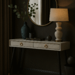 Fiora Shagreen Console Table. Shagreen leather console table. Gold accent furniture. Two-drawer console table. Modern hallway table. Luxury console table. Black leg console. Contemporary entryway furniture. Boutique-style décor. Textured finish console.