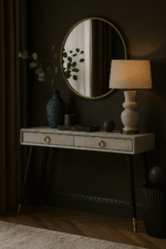 Fiora Shagreen Console Table. Shagreen leather console table. Gold accent furniture. Two-drawer console table. Modern hallway table. Luxury console table. Black leg console. Contemporary entryway furniture. Boutique-style décor. Textured finish console.