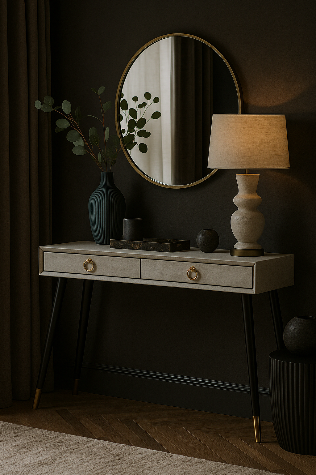 Fiora Shagreen Console Table Fiora Shagreen Console Table. Shagreen leather console table. Gold accent furniture. Two-drawer console table. Modern hallway table. Luxury console table. Black leg console. Contemporary entryway furniture. Boutique-style décor. Textured finish console.