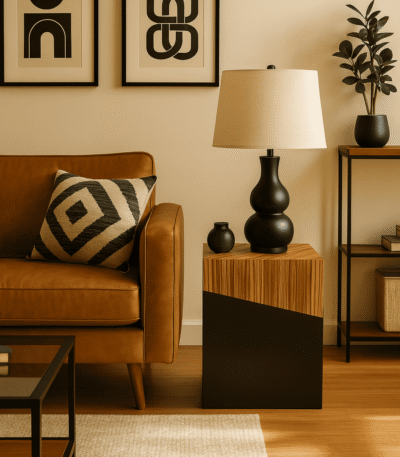 Gale Side Table. Natural bamboo table. Two-tone furniture. Ebony finish base. Square side table. Modern accent table. Contemporary bamboo furniture. Organic design. Minimalist side table. Handcrafted modern décor.