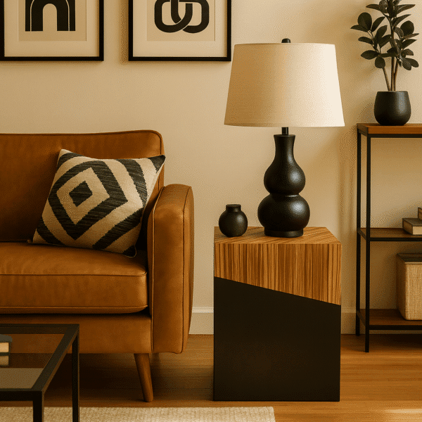 Gale Side Table. Natural bamboo table. Two-tone furniture. Ebony finish base. Square side table. Modern accent table. Contemporary bamboo furniture. Organic design. Minimalist side table. Handcrafted modern décor.