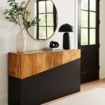 Gale Console Table. Natural bamboo furniture. Two-tone console table. Dark ebony base. Modern hallway table. Minimalist bamboo console. Contemporary accent furniture. Organic wood design. Handcrafted console table. Sustainable home décor.