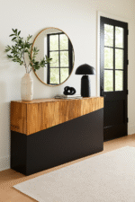 Gale Console Table. Natural bamboo furniture. Two-tone console table. Dark ebony base. Modern hallway table. Minimalist bamboo console. Contemporary accent furniture. Organic wood design. Handcrafted console table. Sustainable home décor.