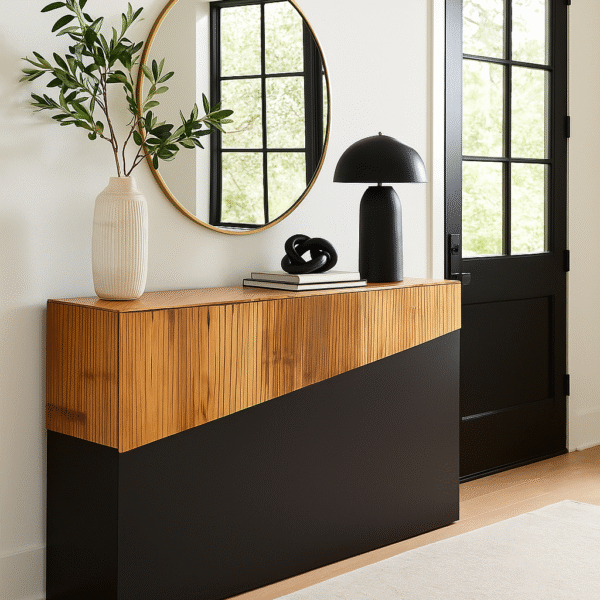 Gale Console Table. Natural bamboo furniture. Two-tone console table. Dark ebony base. Modern hallway table. Minimalist bamboo console. Contemporary accent furniture. Organic wood design. Handcrafted console table. Sustainable home décor.