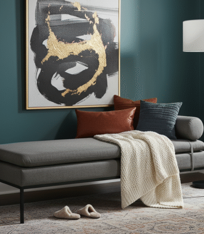 Haisley Day Bed. Dark grey day bed. Contemporary day bed. Minimalist bed. Black metal legs. Upholstered day bed. Modern bedroom furniture. Living room seating. Comfortable day bed. Sleek lounge bed. Nordic style furniture. Stylish upholstered bed.