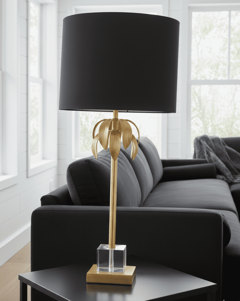 Hazel Table Lamp Hazel Table Lamp. Gold Leaf Lamp. Black Shade Lamp. Crystal Base Lamp. Geometric Table Lamp. Modern Accent Lamp. Luxury Table Lamp. Boutique Style Lamp. Contemporary Home Lighting. Sleek Table Lamp. Elegant Lamp. Decorative Lamp. Living Room Lamp. Bedroom Lamp. Office Lamp. Designer Lighting. Sculptural Table Lamp. Ambient Lighting. Metallic Lamp. Statement Lamp.