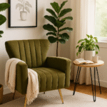 Heidi Velvet Armchair. Velvet accent chair. Retro armchair. Gold metal legs. Cream, Green, Mink armchair. Mid-century design. Modern velvet furniture. Tufted back chair. Winged backrest. Luxe living room seating.