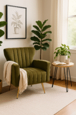 Heidi Velvet Armchair. Velvet accent chair. Retro armchair. Gold metal legs. Cream, Green, Mink armchair. Mid-century design. Modern velvet furniture. Tufted back chair. Winged backrest. Luxe living room seating.