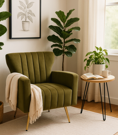 Heidi Velvet Armchair. Velvet accent chair. Retro armchair. Gold metal legs. Cream, Green, Mink armchair. Mid-century design. Modern velvet furniture. Tufted back chair. Winged backrest. Luxe living room seating.