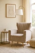 Heidi Velvet Armchair. Velvet accent chair. Retro armchair. Gold metal legs. Cream, Green, Mink armchair. Mid-century design. Modern velvet furniture. Tufted back chair. Winged backrest. Luxe living room seating.