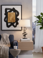 Kalila Table Lamp. Matte Black Table Lamp. Sculptural Lamp Base. White Linen Shade Lamp. Monochrome Table Lamp. Modern Table Lamp. Minimalist Lighting Feature. Contemporary Lamp. Artistic Lamp Design. Luxe Accent Table Lamp. Boutique Home Lighting. Modern Bedroom Lamp. Living Room Lamp. Designer Table Lamp. Ambient Lighting. Decorative Sculpture Lamp.