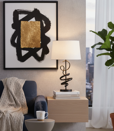 Kalila Table Lamp. Matte Black Table Lamp. Sculptural Lamp Base. White Linen Shade Lamp. Monochrome Table Lamp. Modern Table Lamp. Minimalist Lighting Feature. Contemporary Lamp. Artistic Lamp Design. Luxe Accent Table Lamp. Boutique Home Lighting. Modern Bedroom Lamp. Living Room Lamp. Designer Table Lamp. Ambient Lighting. Decorative Sculpture Lamp.