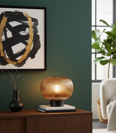 Lula Table Lamp. Smoked Glass Table Lamp. Ribbed Glass Shade Lamp. Black Metal Base Lamp. Retro Table Lamp. Vintage Style Lighting. Art Deco Table Lamp. Contemporary Accent Lamp. Ambient Lighting Feature. Boutique Style Lamp. Side Table Lamp. Desk Lamp. Living Room Lamp. Small & Large Table Lamp. Stylish Home Lighting.