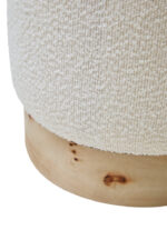 Luma Boucle Round Stool. Boucle stool. Round boucle stool. Cream boucle stool. Textured accent stool. Modern footstool. Luxury accent stool. Scandinavian style furniture. Burl wood stool. Natural wood base stool. Contemporary home furniture. Bedroom accent stool. Living room stool. Compact seating. Designer stool.