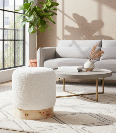 Luma Boucle Round Stool. Boucle stool. Round boucle stool. Cream boucle stool. Textured accent stool. Modern footstool. Luxury accent stool. Scandinavian style furniture. Burl wood stool. Natural wood base stool. Contemporary home furniture. Bedroom accent stool. Living room stool. Compact seating. Designer stool.