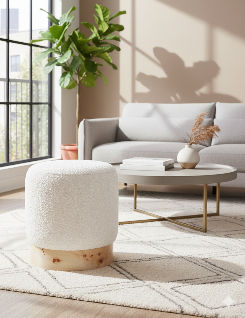 Luma Boucle Round Stool Luma Boucle Round Stool. Boucle stool. Round boucle stool. Cream boucle stool. Textured accent stool. Modern footstool. Luxury accent stool. Scandinavian style furniture. Burl wood stool. Natural wood base stool. Contemporary home furniture. Bedroom accent stool. Living room stool. Compact seating. Designer stool.