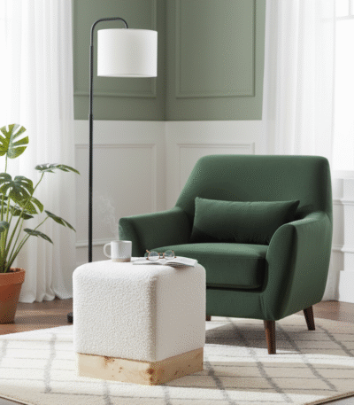 Luma Square Boucle Stool. Square boucle stool. Cream boucle stool. Boucle accent stool. Textured footstool. Modern accent stool. Scandinavian style furniture. Natural wood stool. Burl wood base stool. Contemporary home furniture. Bedroom accent stool. Living room stool. Compact seating. Designer stool. Luxury home accessory.