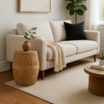 Mae Engraved Side Table. Rustic wooden furniture. Handcrafted wood table. Engraved detailing. Weathered finish. Boho accent table. Artisan craftsmanship. Unique wood grain. Compact rustic furniture. Natural home décor.