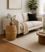 Mae Engraved Side Table. Rustic wooden furniture. Handcrafted wood table. Engraved detailing. Weathered finish. Boho accent table. Artisan craftsmanship. Unique wood grain. Compact rustic furniture. Natural home décor.