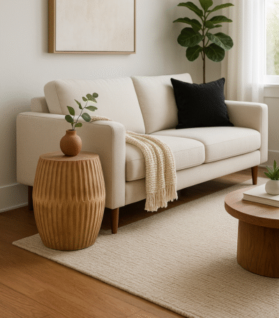 Mae Engraved Side Table. Rustic wooden furniture. Handcrafted wood table. Engraved detailing. Weathered finish. Boho accent table. Artisan craftsmanship. Unique wood grain. Compact rustic furniture. Natural home décor.