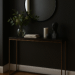 Marado Console Table. Acacia wood console. Black and gold furniture. Modern console table. Black metal frame. Decorative hallway table. Contemporary home décor. Luxury accent furniture. Durable acacia design. Industrial modern table.