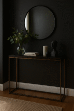 Marado Console Table. Acacia wood console. Black and gold furniture. Modern console table. Black metal frame. Decorative hallway table. Contemporary home décor. Luxury accent furniture. Durable acacia design. Industrial modern table.