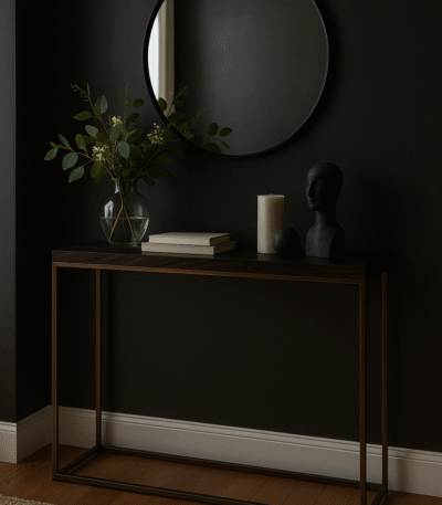 Marado Console Table. Acacia wood console. Black and gold furniture. Modern console table. Black metal frame. Decorative hallway table. Contemporary home décor. Luxury accent furniture. Durable acacia design. Industrial modern table.