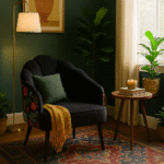 Mendoza Peacock Chair. Multicolour accent chair. Mango wood frame. Peacock design chair. Boho statement furniture. Artistic upholstered chair. Handcrafted seating. Padded cushion seat. Regal home décor. Colourful living room chair.