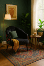 Mendoza Peacock Chair. Multicolour accent chair. Mango wood frame. Peacock design chair. Boho statement furniture. Artistic upholstered chair. Handcrafted seating. Padded cushion seat. Regal home décor. Colourful living room chair.