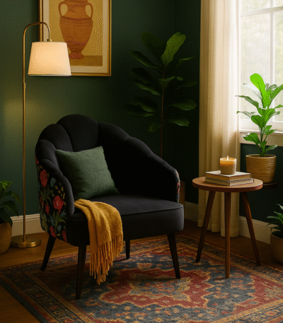 Mendoza Peacock Chair. Multicolour accent chair. Mango wood frame. Peacock design chair. Boho statement furniture. Artistic upholstered chair. Handcrafted seating. Padded cushion seat. Regal home décor. Colourful living room chair.