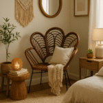 Milan Rattan Chair. Handwoven rattan furniture. Brown rattan chair. Sculptural rattan backrest. Black metal legs. Rustic boho seating. Natural handcrafted furniture. Coastal accent chair. Artisan-made rattan chair. Contemporary organic design.