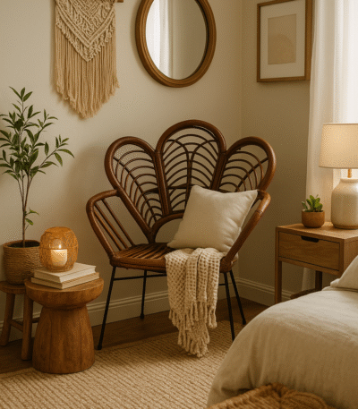 Milan Rattan Chair. Handwoven rattan furniture. Brown rattan chair. Sculptural rattan backrest. Black metal legs. Rustic boho seating. Natural handcrafted furniture. Coastal accent chair. Artisan-made rattan chair. Contemporary organic design.